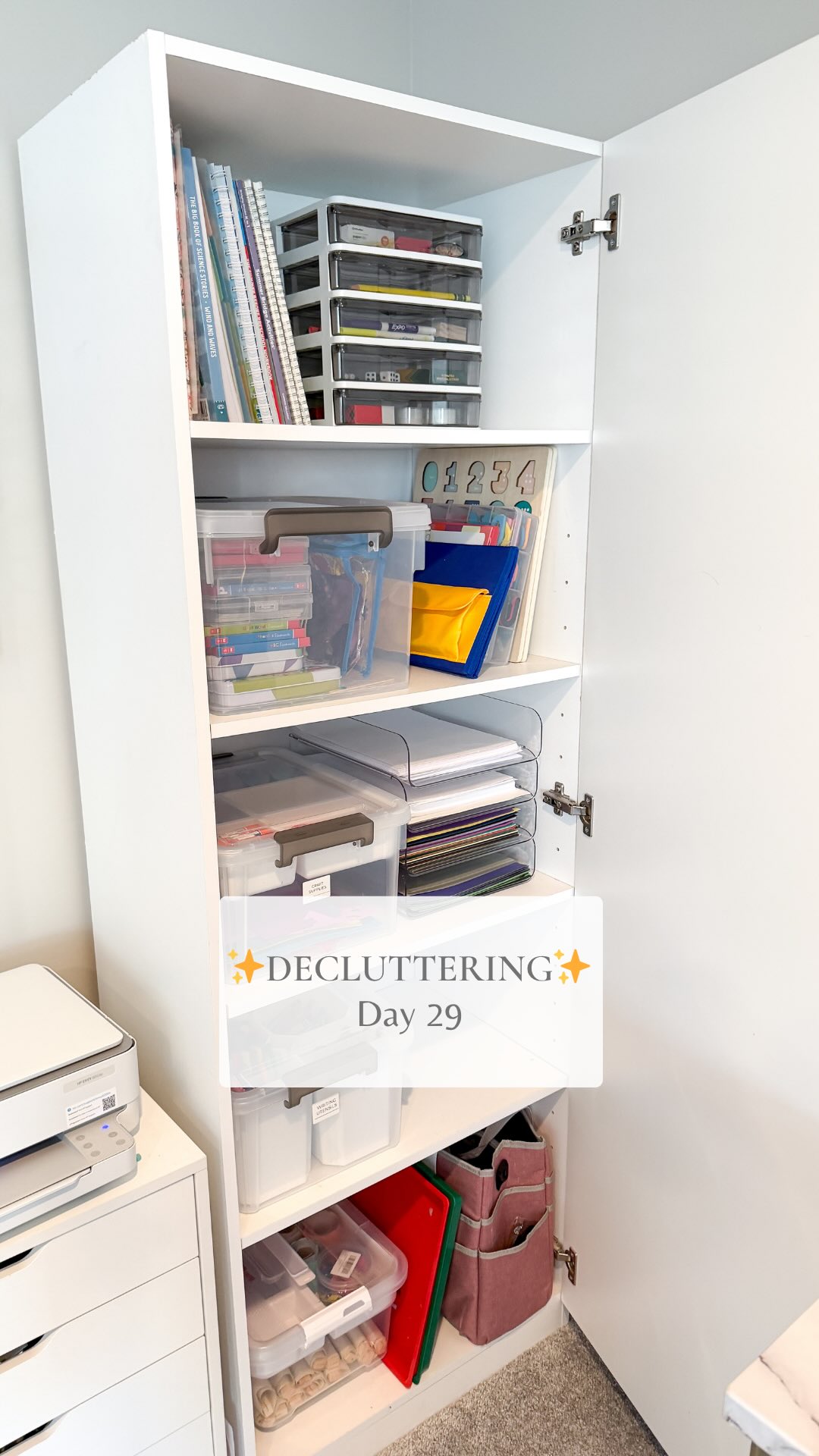 Decluttered our craft cabinet! Comment “craft” and I’ll message you all the info for our craft organization!We do all of our homeschool and arts and crafts in this corner of the loft and it was a mess. I did this during our spring break so we would have a fresh start for the rest of the school year. I broke it up into a few sections so it wasn’t too overwhelming to get through it all!Somehow I ended up with multiple craft bins that I desperately needed to condense down. Now we have one craft supply bin and a utensil bin and I know it’s going to work so much better for us!#declutter #decluttering #organizedhome #declutteringtips #declutterwithme