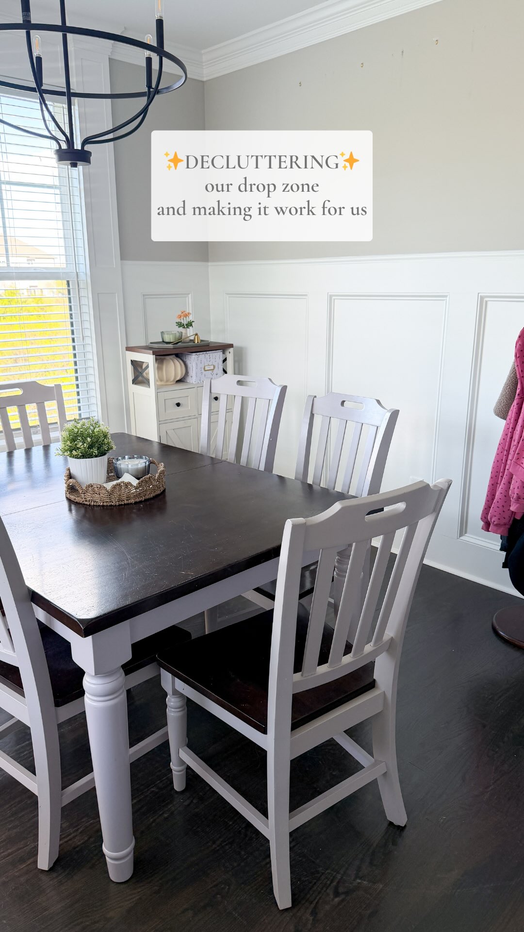 Decluttered our drop zone aka dining room 😂 We’re in the process of putting together a mudroom type thing in our garage but we’ve been surviving, not thriving in our entryway until it’s finished. I think between the coat tree, the bench, and putting some better systems in place for incoming things, this will work for us for now! #declutter #decluttering #declutterwithme #dropzone #homeorganization