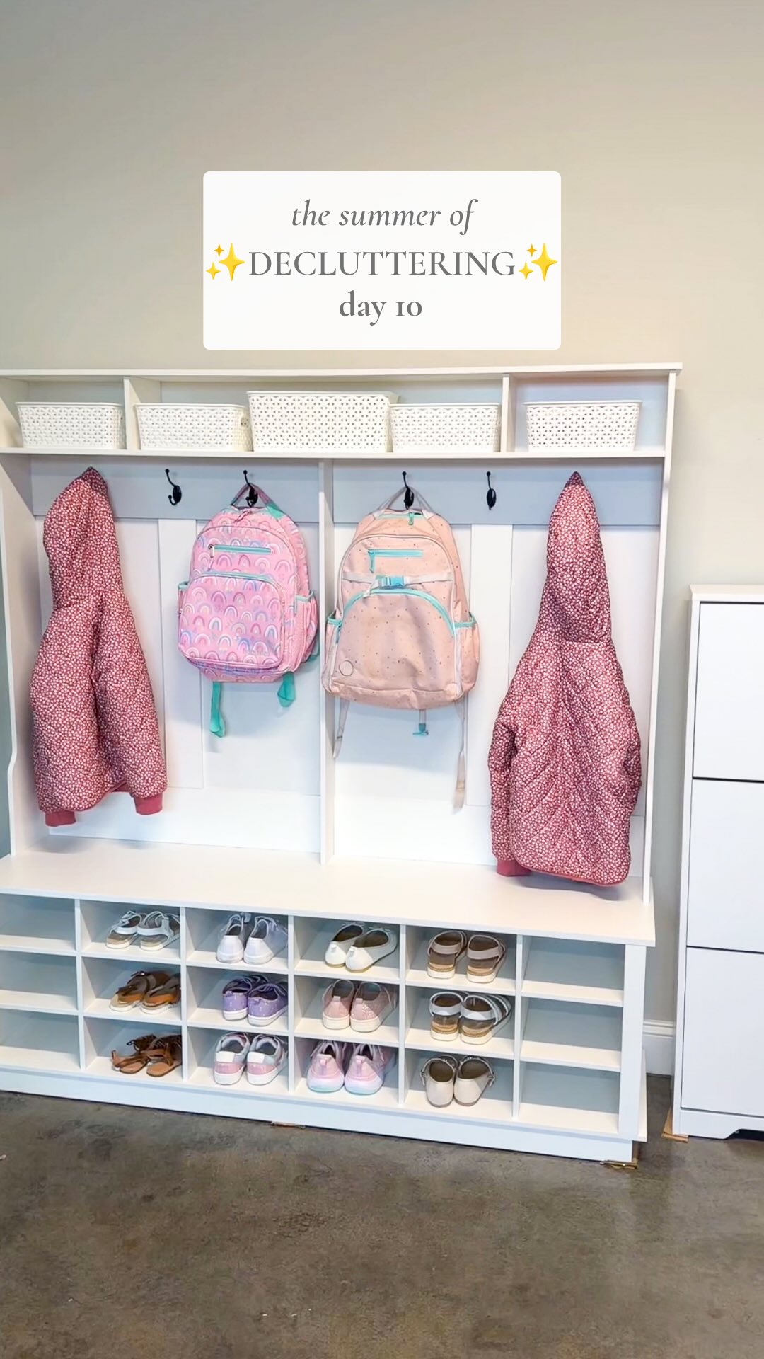 Decluttered our garage and set up a mudroom for us! Our garage needed so much help! We don’t have a coat closet or an actual mudroom in our current house so when we moved in, my plan was to turn the back wall of our garage into a mudroom for us. I wanted a place to store shoes and hang coats and backpacks. I went through all the shoes, coats, and other random things and Austin organized the mess in the front of the garage which was a ton of cardboard, outdoor toys, and some things we needed to donate.The amount of shoes we had is honestly embarrassing 😂 I have such a hard time getting rid of my shoes for some reason (like I have shoes from when I was in college🫠) but I got rid of a ton! And I definitely have more I should probably get rid of. My goal was for this to be round 1 of decluttering and another day I’ll come back and re-visit what’s left to reduce things down more. And to be fair, both girls are in between shoe sizes so I have a bunch from the size they’re leaving and their new sizes and any shoes that were still in good shape from Emily to pass to Anna. This setup is so much better and is now a functional space for our family to keep us organized! The girls have somewhere to put their things when they come home from school instead of the floor of our dining room 😂#declutter #declutterwithme #declutteredhome #declutteringtips #decluttering