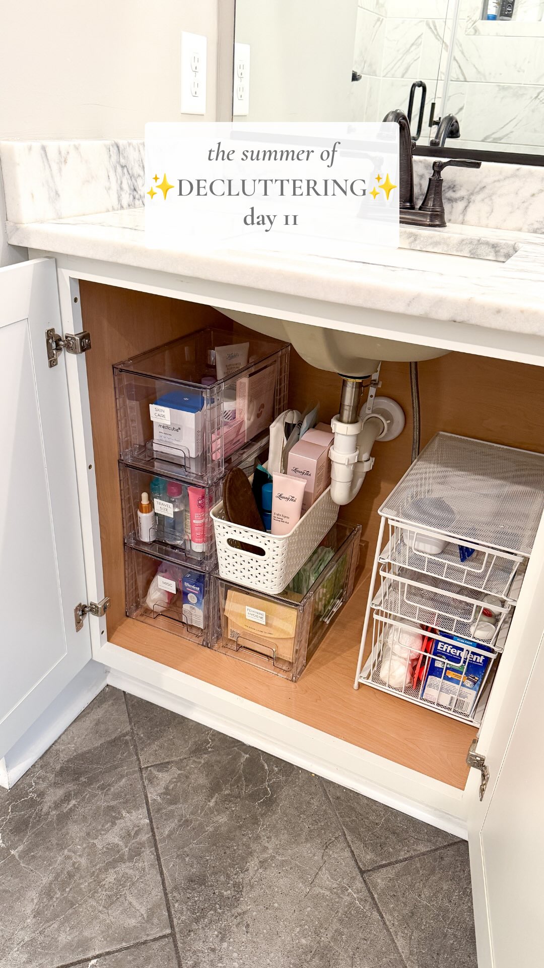Decluttered under my bathroom sink ✨ I was shocked at the amount of empty bottles under there but so happy with the amount I decluttered at the end 😌 #declutter #summerofdecluttering #declutterwithme #declutteredhome #declutteringtips