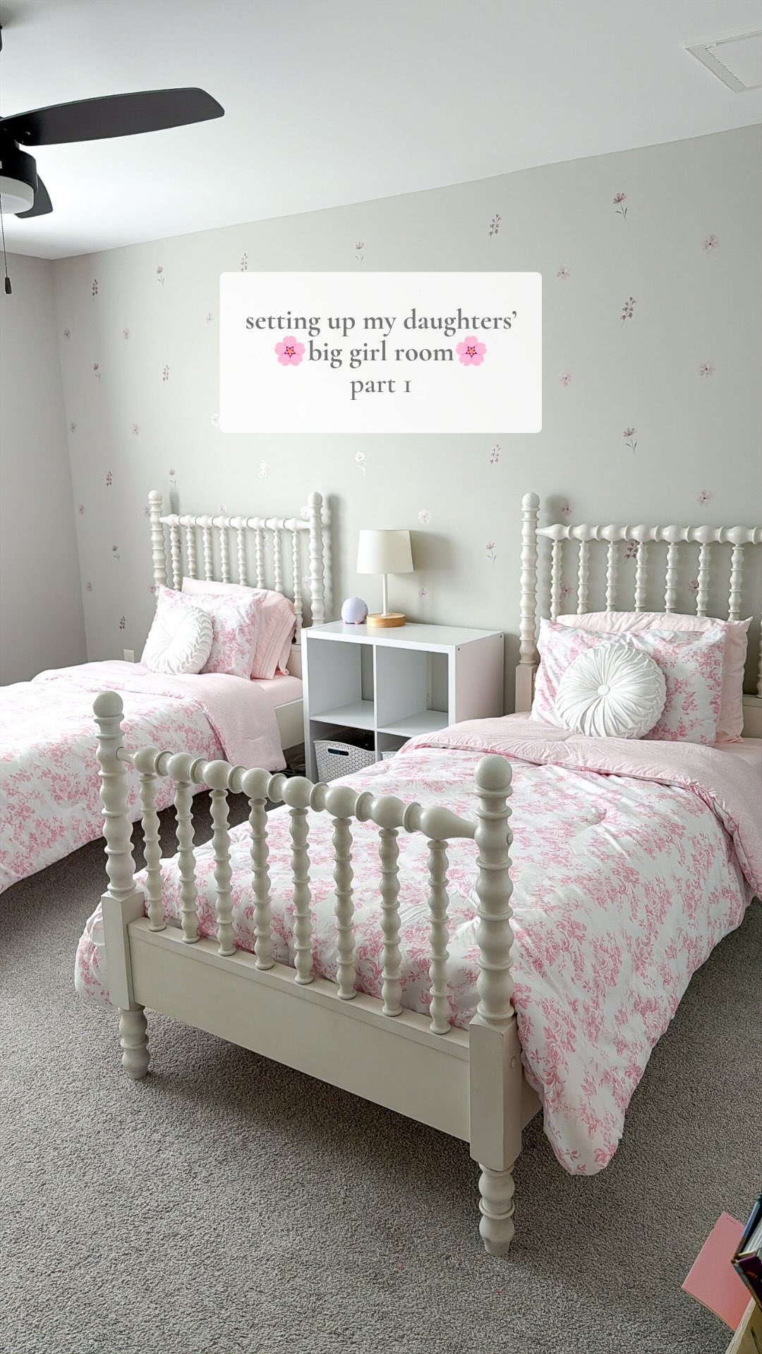 Setting up my girls’ room has been so fun!They both love everything pink and girly so we went with lot of pink flowers! Adding nightstands and some decor next 🎀🌸 #pinkroom #girlyroom #biggirlroom #kidsroommakeover #homedecor