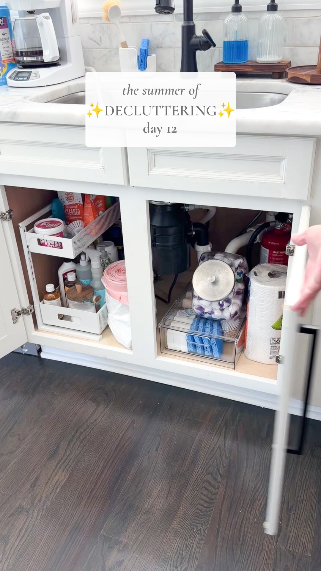 Decluttered under the kitchen sink! I’ve been keeping so many cleaning products under here and on our kitchen counters that I realized I needed to make a cleaning caddy instead that I’ll store somewhere else and can bring around the downstairs for cleaning. It was taking up way too much space here that I was having a hard time getting to things we actually use daily in our kitchen. Also had a good amount of almost empty products that I was able to use up quickly to ge them out of here #declutter #declutterwithme #declutteredhome #declutteringtips #kitchendeclutter